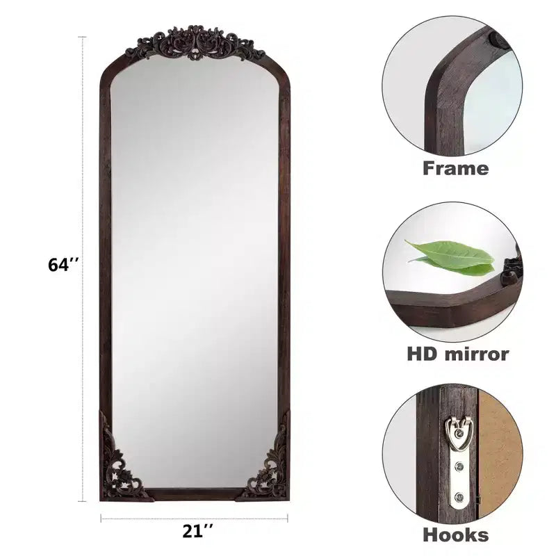PexFix Miroir en bois massif arqué rustique avec cadre sculpté de 21 po l x 64 po H, en charbon de bois
