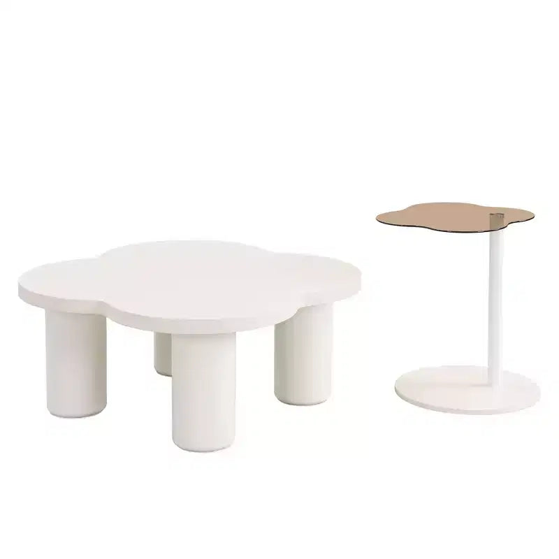 Lot de 2 tables basses modernes Okak, piétement sculptural colonne romaine et plateau en verre, tables d'appoint, table basse irrégulière pour salon