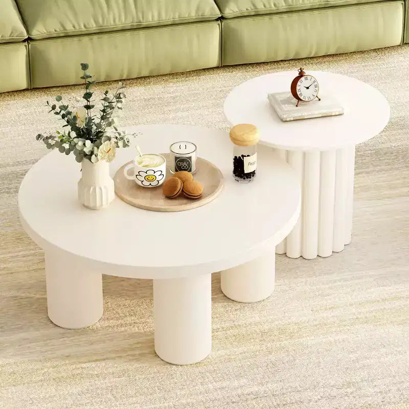 Lot de 2 tables basses modernes Okak, piétement sculptural colonne romaine et plateau en verre, tables d'appoint, table basse irrégulière pour salon