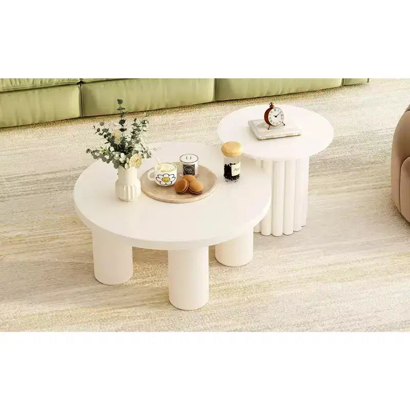 Lot de 2 tables basses modernes Okak, piétement sculptural colonne romaine et plateau en verre, tables d'appoint, table basse irrégulière pour salon