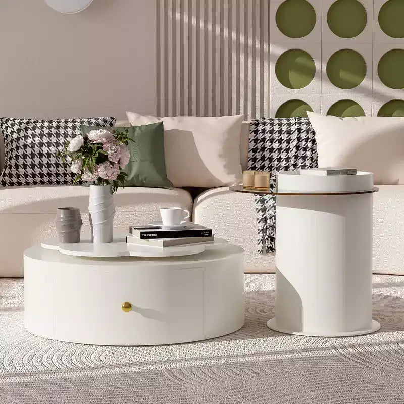 Lot de 2 tables basses modernes Okak, piétement sculptural colonne romaine et plateau en verre, tables d'appoint, table basse irrégulière pour salon