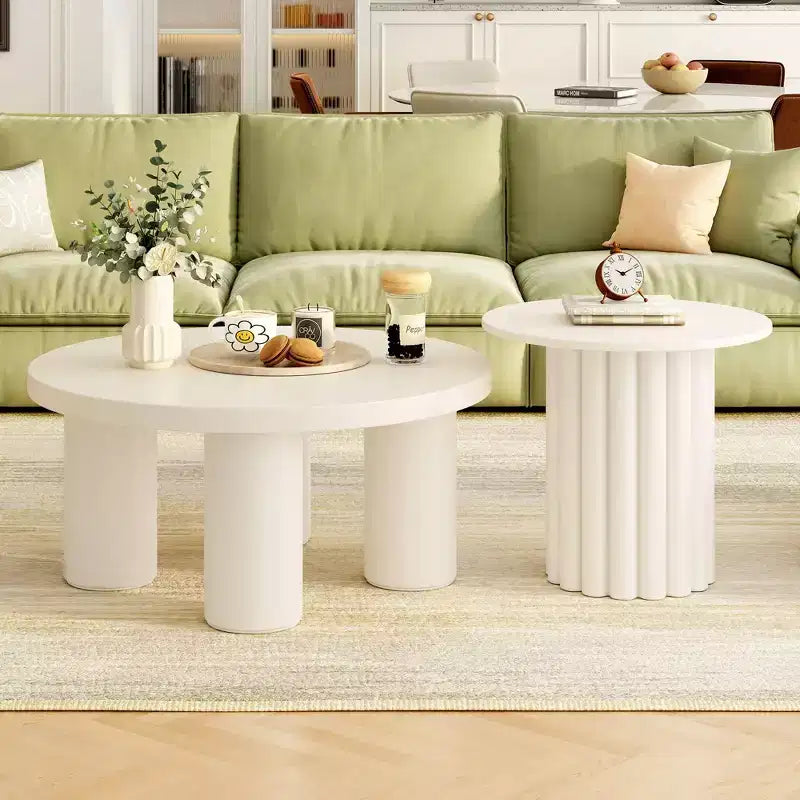 Okak Modern Coffee Table Set of 2, Sculptural Roman Column Base & Glass Top Side End Table, Irregular Center Table for Living Room