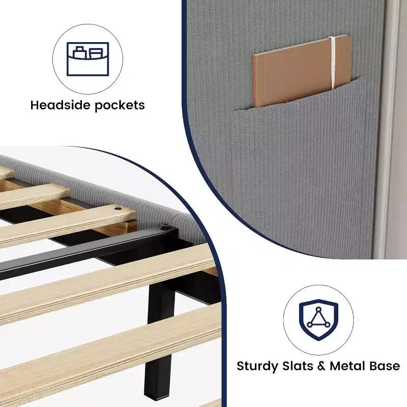 Upholstered King Bed Frame, Velvet Platform Bed with Wingback Headboard, Wood Slats Support, No Box Spring Needed, Light Grey