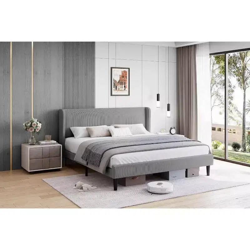 Upholstered King Bed Frame, Velvet Platform Bed with Wingback Headboard, Wood Slats Support, No Box Spring Needed, Light Grey