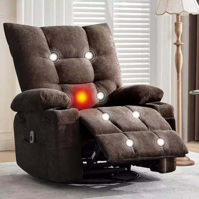 Acekool Manual Swivel Recliner Chair with Massage & Heat, Rocker, Thick Padded PU Leather, Overstuffed Cushion for Back Relief, Living Room