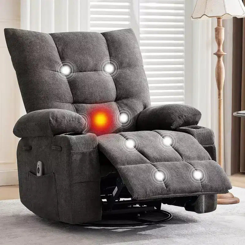 Acekool Manual Swivel Recliner Chair with Massage & Heat, Rocker, Thick Padded PU Leather, Overstuffed Cushion for Back Relief, Living Room