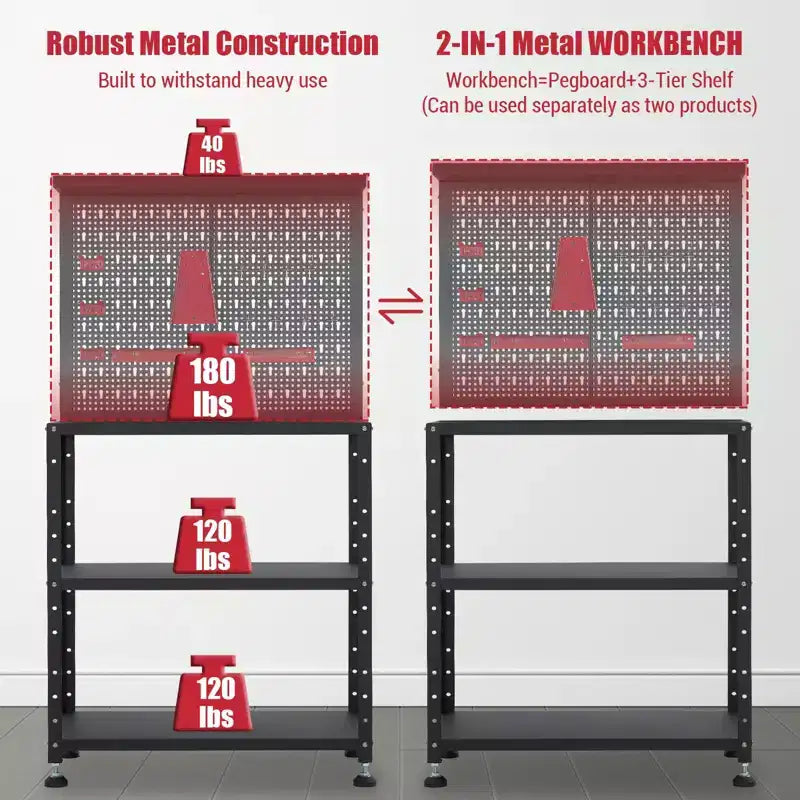 Workbench with Pegboard, Desktop Capicity , Heavy-Duty Steel Garage Workbench- with Hanging Kits and Storage Shelves, for Workshop, Garage