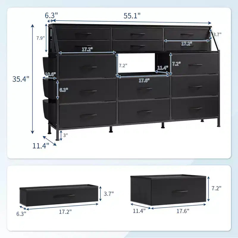 GustoWave Dresser for Bedroom with 14 Drawers, 55 W Dresser with Side Pocket, Fabric Dressers & Chests of Drawers with Shelves, Wood Top