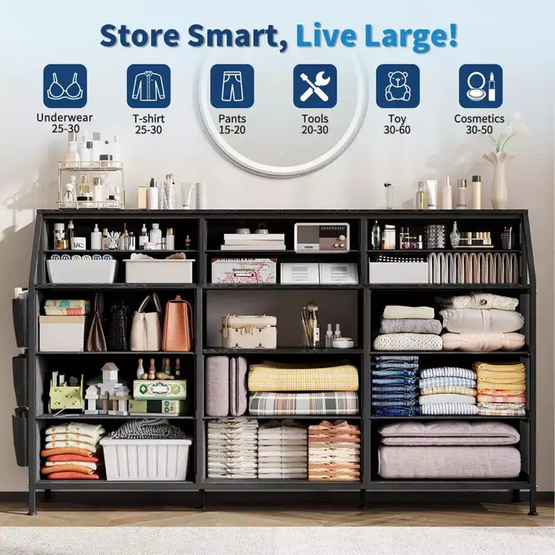 GustoWave Dresser for Bedroom with 14 Drawers, 55 W Dresser with Side Pocket, Fabric Dressers & Chests of Drawers with Shelves, Wood Top