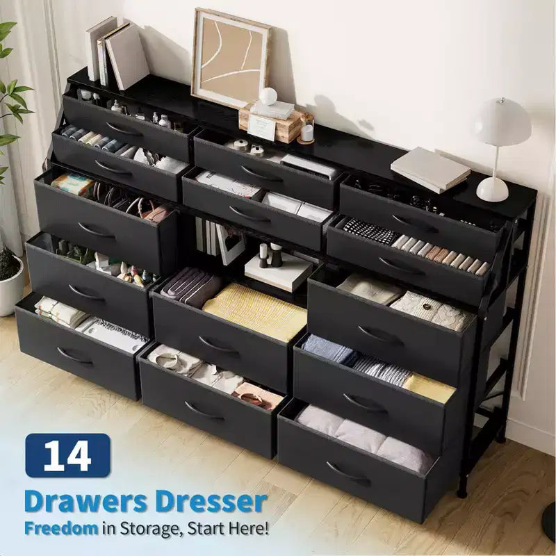 GustoWave Dresser for Bedroom with 14 Drawers, 55 W Dresser with Side Pocket, Fabric Dressers & Chests of Drawers with Shelves, Wood Top