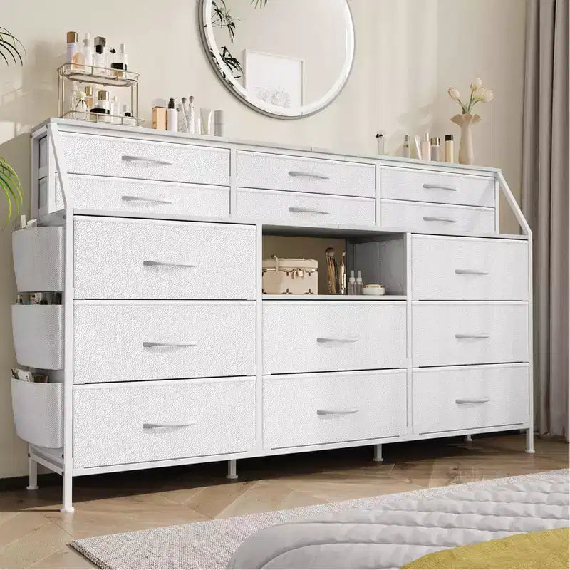 GustoWave Dresser for Bedroom with 14 Drawers, 55 W Dresser with Side Pocket, Fabric Dressers & Chests of Drawers with Shelves, Wood Top