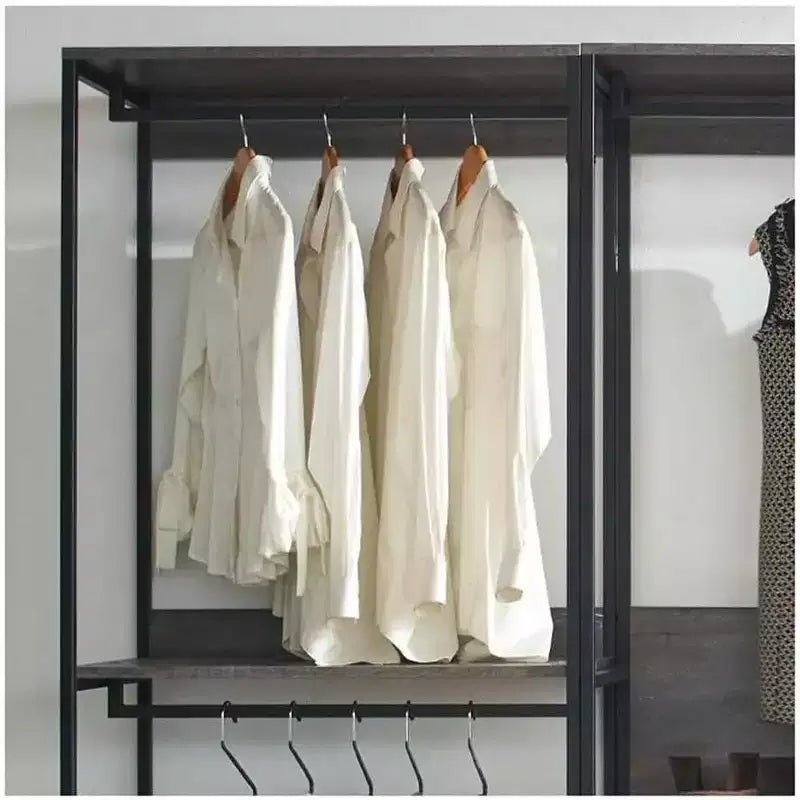 HomeStock 77.7 in.H x 111 in.W Black Wood Composite Closet System for Universal Storage with Storage Bins