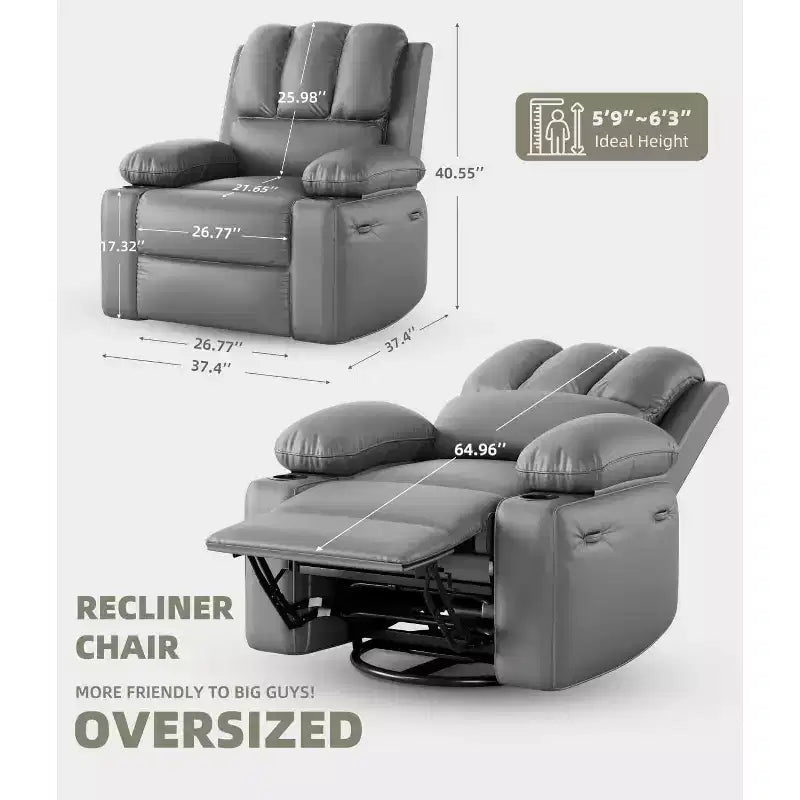 Fauteuil inclinable surdimensionné TOPOW, fauteuils inclinables pivotants à 360° avec chaleur et massage, fauteuil inclinable en éponge douce haute densité avec porte-gobelet et poche latérale