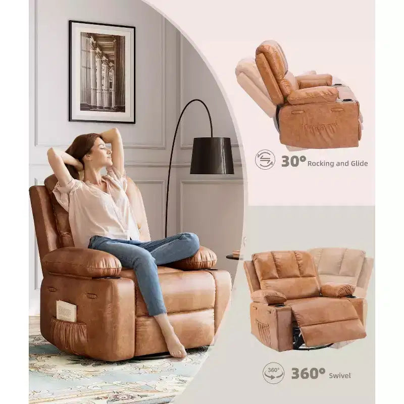 Fauteuil inclinable surdimensionné TOPOW, fauteuils inclinables pivotants à 360° avec chaleur et massage, fauteuil inclinable en éponge douce haute densité avec porte-gobelet et poche latérale