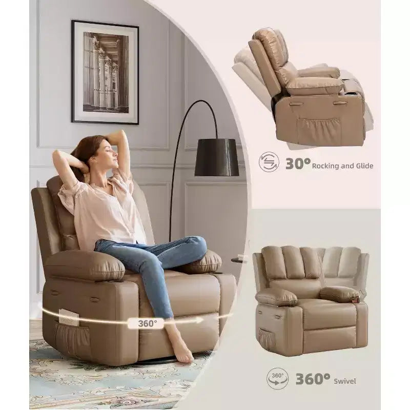 Fauteuil inclinable surdimensionné TOPOW, fauteuils inclinables pivotants à 360° avec chaleur et massage, fauteuil inclinable en éponge douce haute densité avec porte-gobelet et poche latérale