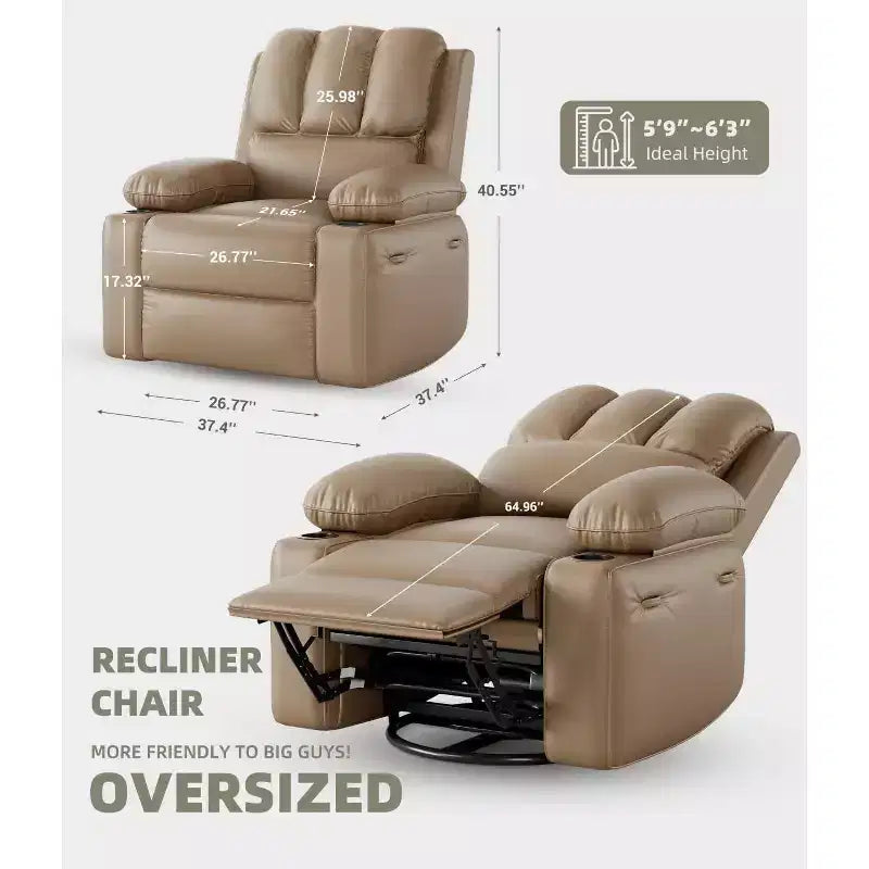 Fauteuil inclinable surdimensionné TOPOW, fauteuils inclinables pivotants à 360° avec chaleur et massage, fauteuil inclinable en éponge douce haute densité avec porte-gobelet et poche latérale