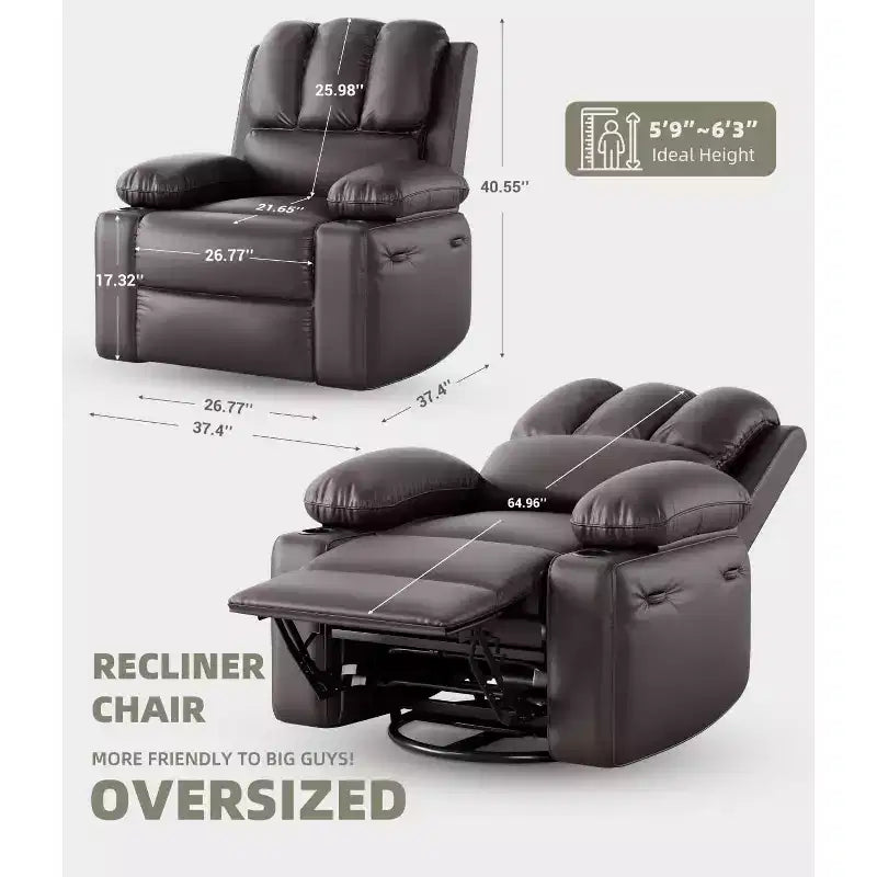 Fauteuil inclinable surdimensionné TOPOW, fauteuils inclinables pivotants à 360° avec chaleur et massage, fauteuil inclinable en éponge douce haute densité avec porte-gobelet et poche latérale