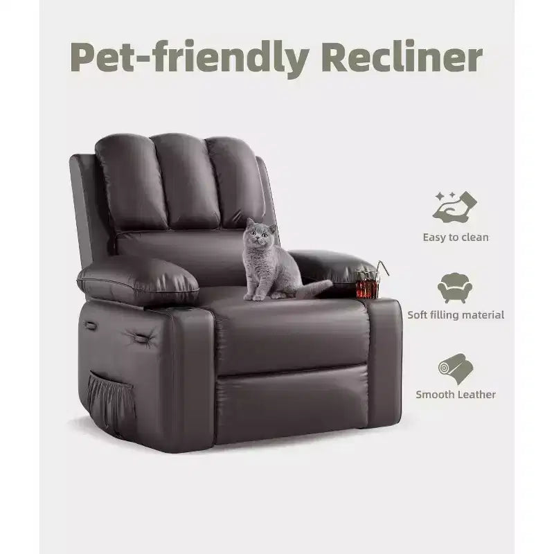 Fauteuil inclinable surdimensionné TOPOW, fauteuils inclinables pivotants à 360° avec chaleur et massage, fauteuil inclinable en éponge douce haute densité avec porte-gobelet et poche latérale