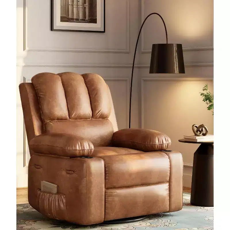 TOPOW Oversized Recliner Chair, 360 Swivel Rocker Recliners with Heat & Massage, Soft High-Density Sponge Recliner with Cup Holder & Side Pocket