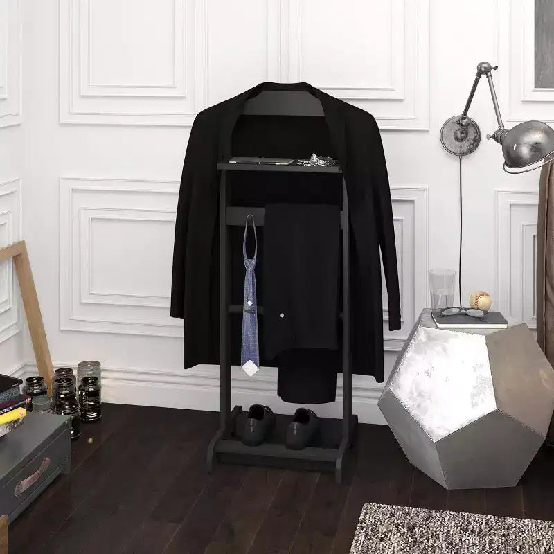 Portable Wooden Clothes Rack, 5-in-1 Suit Valet Stand with Shoe Shelf, Coat Hanger & Top Tray, 47.24 Tall, Black