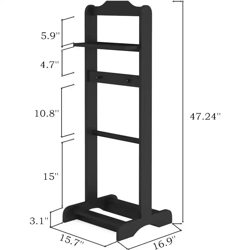 Portable Wooden Clothes Rack, 5-in-1 Suit Valet Stand with Shoe Shelf, Coat Hanger & Top Tray, 47.24 Tall, Black