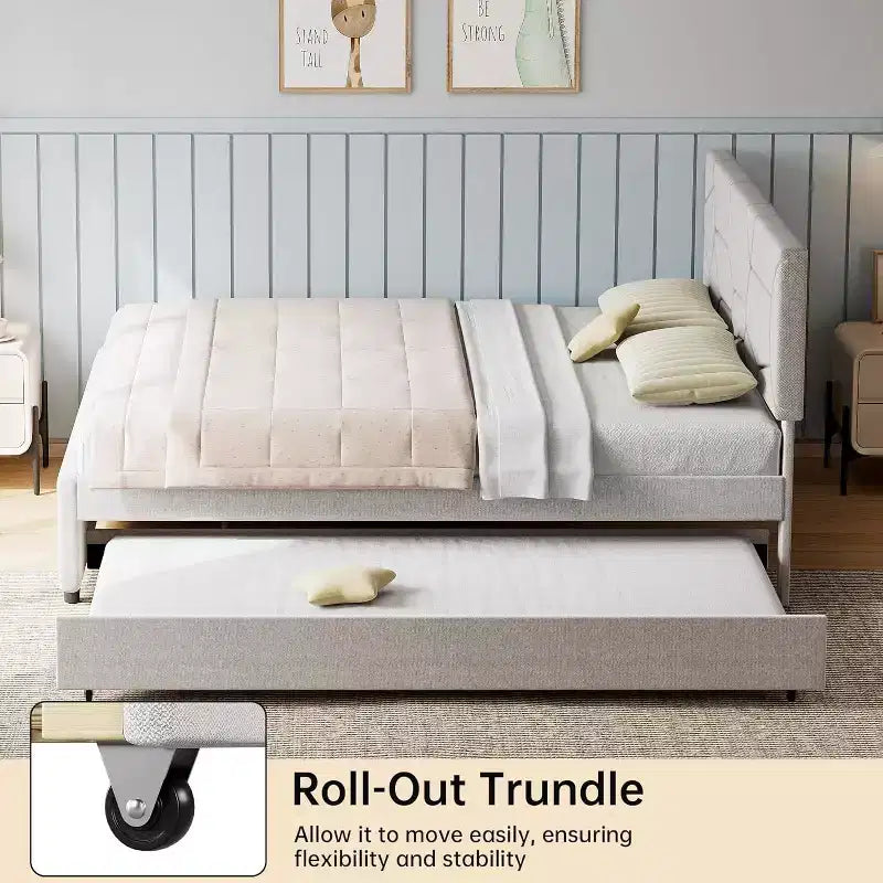 Acekool Upholstered Trundle Bed - Twin/Full Platform Frame with Pull-Out & Headboard
