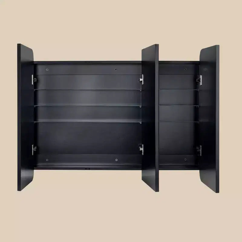 TEHOME Armoire de toilette triple porte avec miroir, cadre en métal noir, fermeture douce, étagères en verre réglables, montage en surface ou encastré