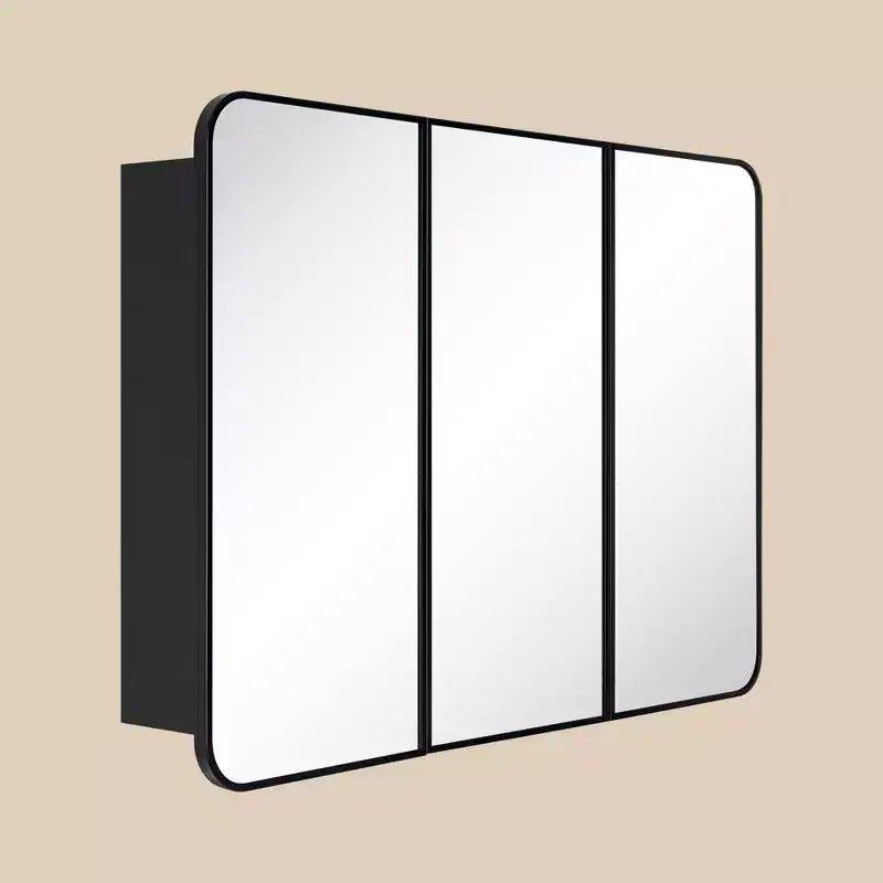 TEHOME Armoire de toilette triple porte avec miroir, cadre en métal noir, fermeture douce, étagères en verre réglables, montage en surface ou encastré