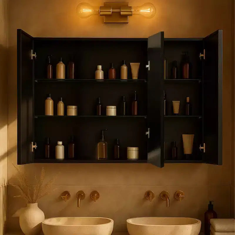 TEHOME Armoire de toilette triple porte avec miroir, cadre en métal noir, fermeture douce, étagères en verre réglables, montage en surface ou encastré
