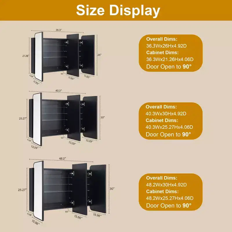 TEHOME Armoire de toilette triple porte avec miroir, cadre en métal noir, fermeture douce, étagères en verre réglables, montage en surface ou encastré