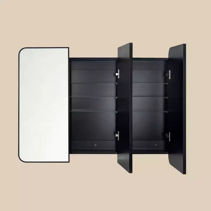 TEHOME Armoire de toilette triple porte avec miroir, cadre en métal noir, fermeture douce, étagères en verre réglables, montage en surface ou encastré