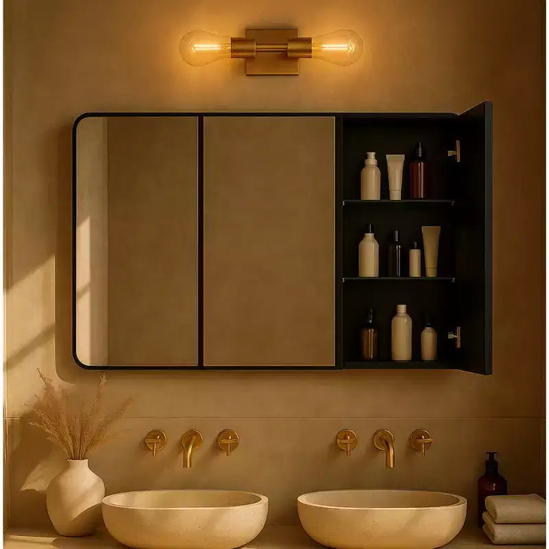 TEHOME Armoire de toilette triple porte avec miroir, cadre en métal noir, fermeture douce, étagères en verre réglables, montage en surface ou encastré