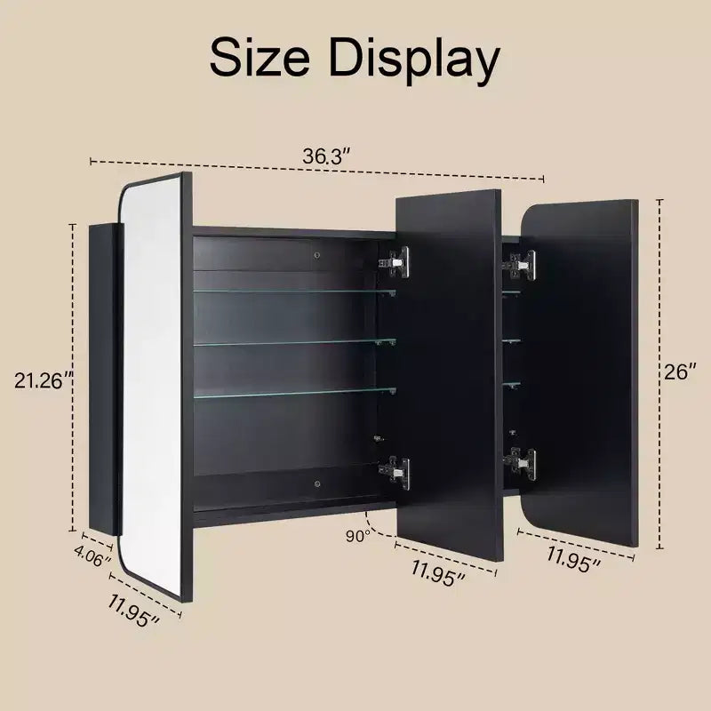 TEHOME Armoire de toilette triple porte avec miroir, cadre en métal noir, fermeture douce, étagères en verre réglables, montage en surface ou encastré