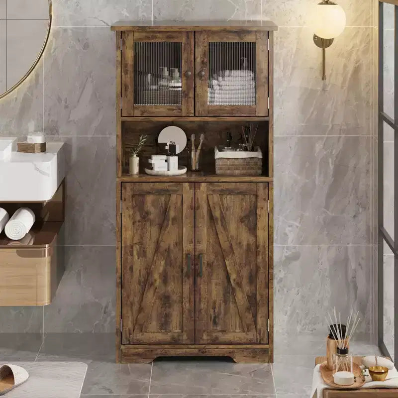 54in Tall Bathroom Cabinet, Farmhouse Storage Cabinet with Glass Doors and Adjustable Shelves, Freestanding Kitchen Pantry Cabinets, Cupboard for Room