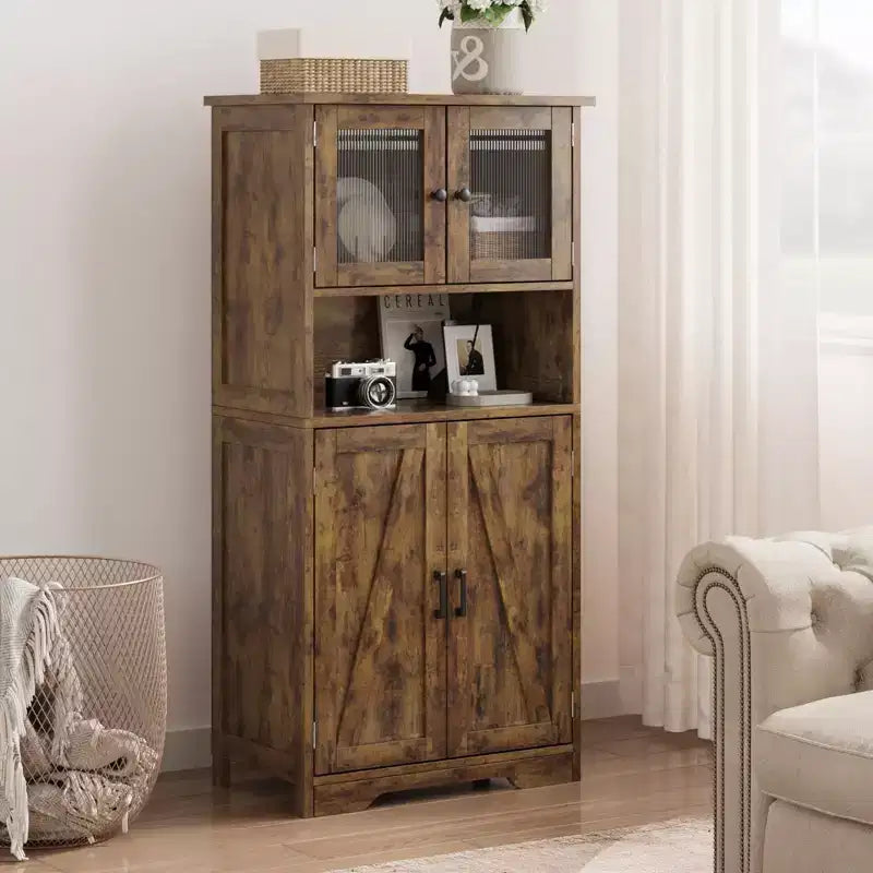54in Tall Bathroom Cabinet, Farmhouse Storage Cabinet with Glass Doors and Adjustable Shelves, Freestanding Kitchen Pantry Cabinets, Cupboard for Room