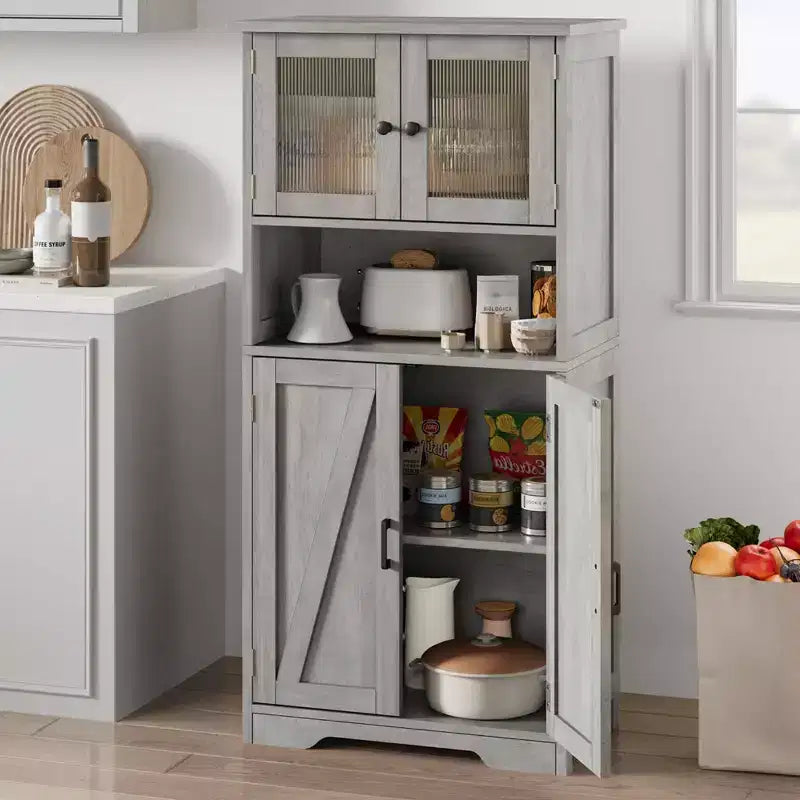 54in Tall Bathroom Cabinet, Farmhouse Storage Cabinet with Glass Doors and Adjustable Shelves, Freestanding Kitchen Pantry Cabinets, Cupboard for Room