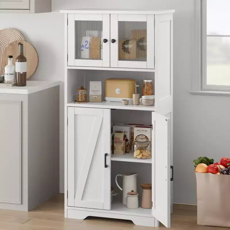 54in Tall Bathroom Cabinet, Farmhouse Storage Cabinet with Glass Doors and Adjustable Shelves, Freestanding Kitchen Pantry Cabinets, Cupboard for Room