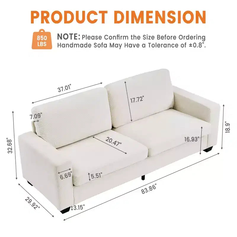 84 Upholstered Apartment Sofa, Modern 2-Seater Corduroy Couch with Wide Arms and Supportive Cushions for Living Room