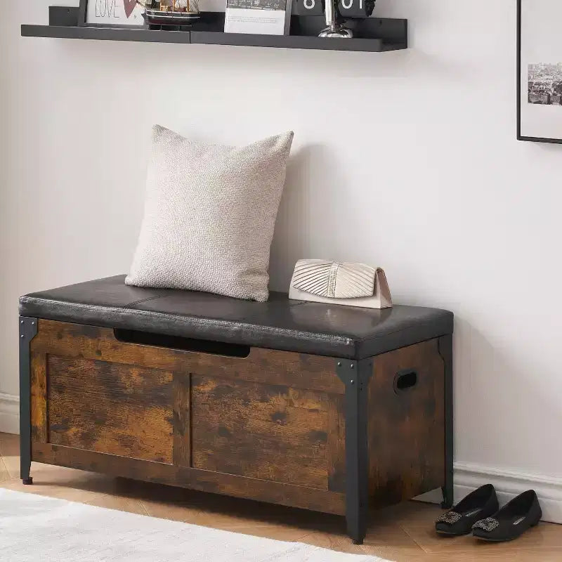 Wooden Storage Chest Bench,Leather Entryway Shoes Bench with Flip Top, Lift Top Storage Trunk with 2 Safety Hinges for Living Room