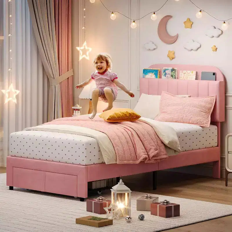 Acekool Twin Bed Set - 2 Upholstered Storage Beds with Bookcase Headboards