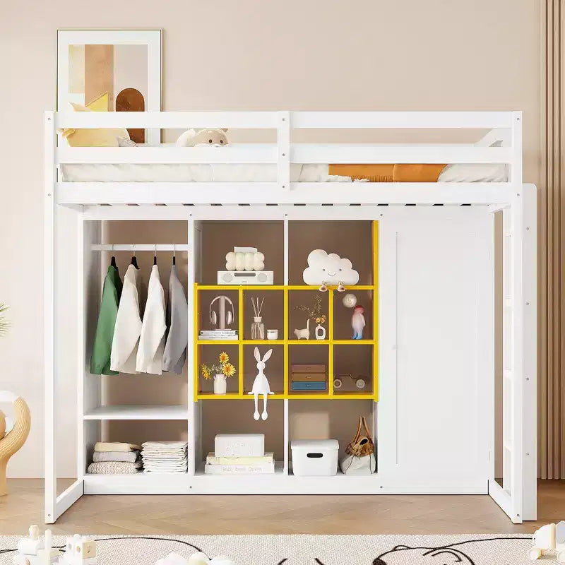 Twin/Full Size Wood Loft Bed with Wardrobe, Colorful Shelves & Cabinet, Reversible Staircase - ModernLuxe