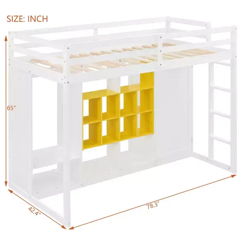 Twin/Full Size Wood Loft Bed with Wardrobe, Colorful Shelves & Cabinet, Reversible Staircase - ModernLuxe