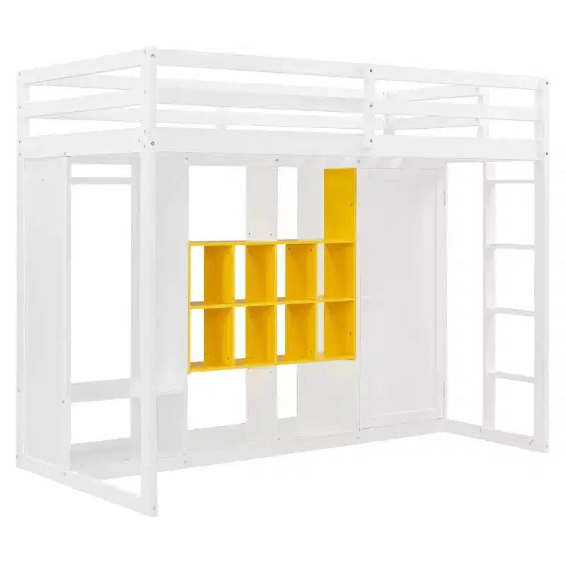 Twin/Full Size Wood Loft Bed with Wardrobe, Colorful Shelves & Cabinet, Reversible Staircase - ModernLuxe