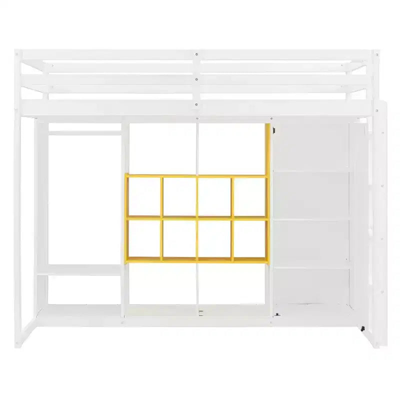 Twin/Full Size Wood Loft Bed with Wardrobe, Colorful Shelves & Cabinet, Reversible Staircase - ModernLuxe