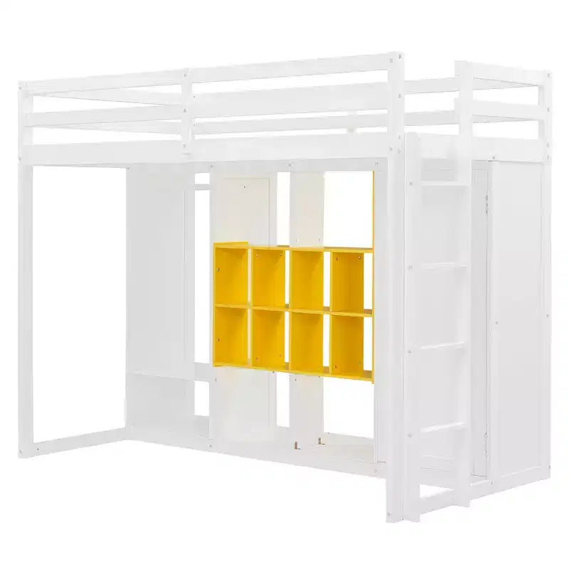 Twin/Full Size Wood Loft Bed with Wardrobe, Colorful Shelves & Cabinet, Reversible Staircase - ModernLuxe