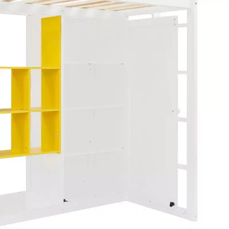 Twin/Full Size Wood Loft Bed with Wardrobe, Colorful Shelves & Cabinet, Reversible Staircase - ModernLuxe
