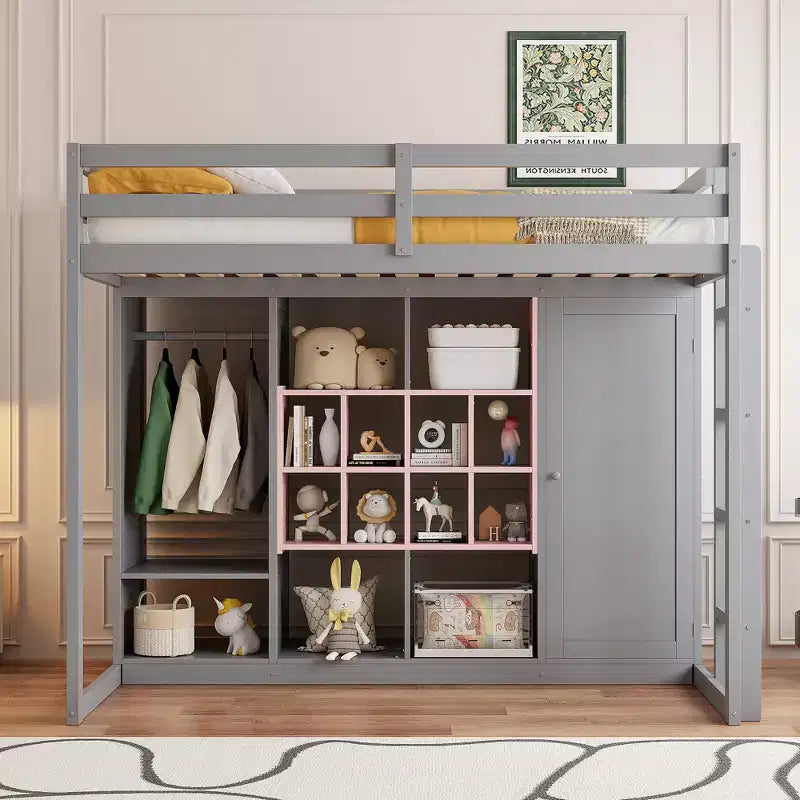 Twin/Full Size Wood Loft Bed with Wardrobe, Colorful Shelves & Cabinet, Reversible Staircase - ModernLuxe