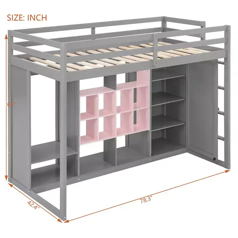 Twin/Full Size Wood Loft Bed with Wardrobe, Colorful Shelves & Cabinet, Reversible Staircase - ModernLuxe