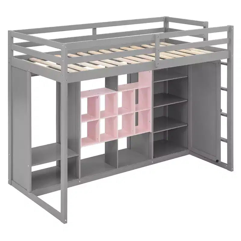 Twin/Full Size Wood Loft Bed with Wardrobe, Colorful Shelves & Cabinet, Reversible Staircase - ModernLuxe