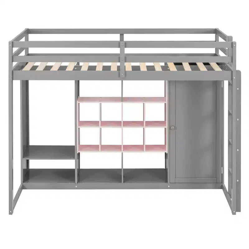 Twin/Full Size Wood Loft Bed with Wardrobe, Colorful Shelves & Cabinet, Reversible Staircase - ModernLuxe